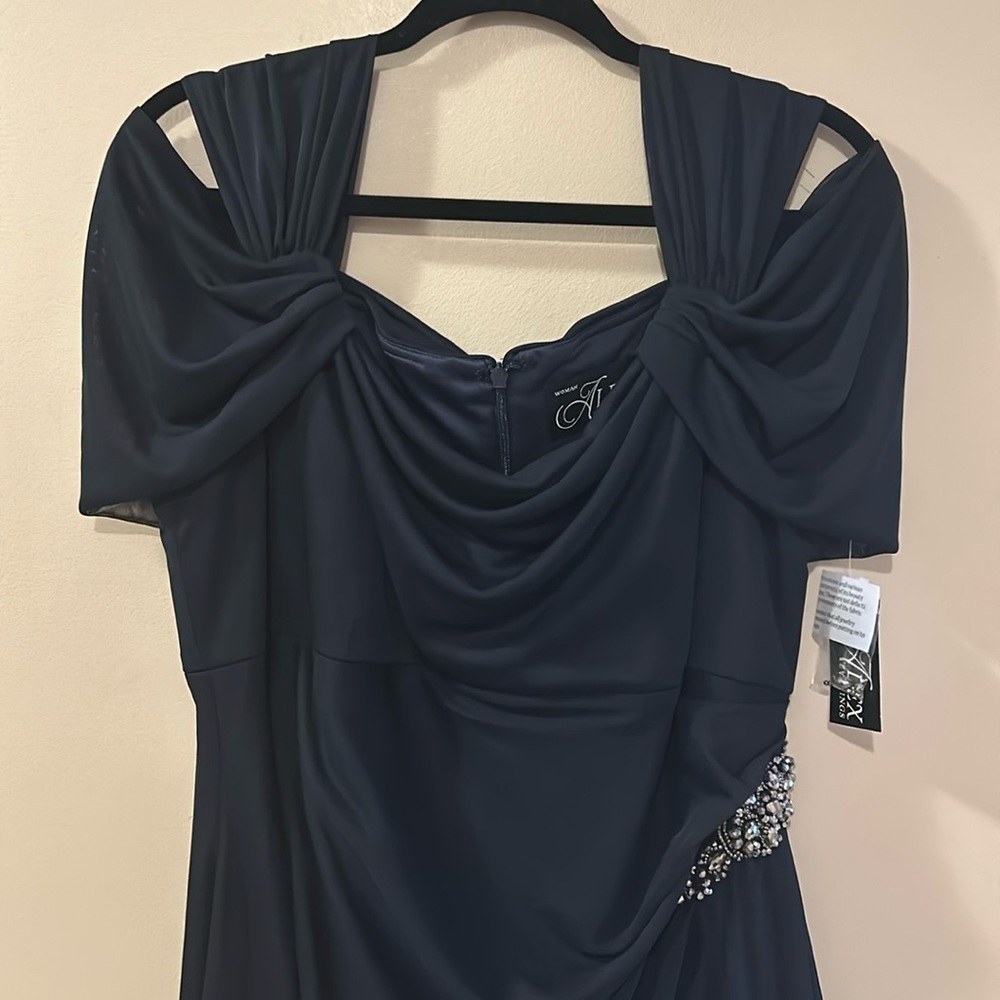NWT, Alex evenings, floor length formal navy blue dress, size 16